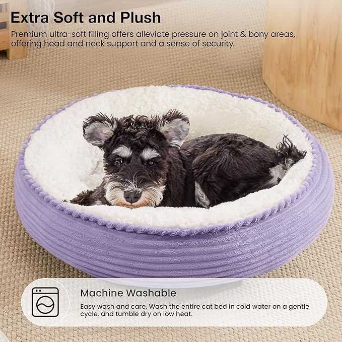Love's cabin Round Donut Cat and Dog Cushion Bed, 25in Pet Bed for Small or Medium Dogs, Anti-Slip & Water-Resistant Bottom, Soft Durable Fabric Pet Beds, Washable Calming Cat Bed Lavender Stripe