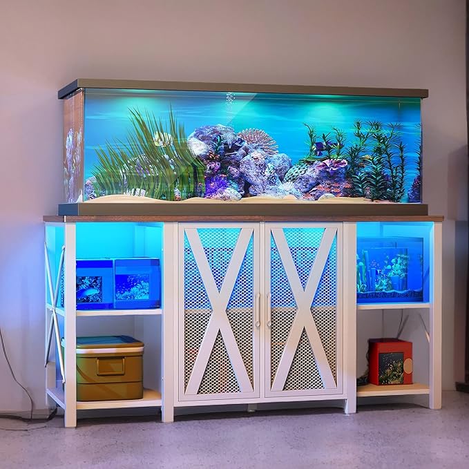 YITAHOME 90-120 Gallon Reptile Tank Stand with Power Outlet & LED Light, Heavy Duty Aquarium Stand with Accessories Storage Cabinet - Metal Fish Tank Stand for Turtle, Reptile, 2000LBS Capacity, White