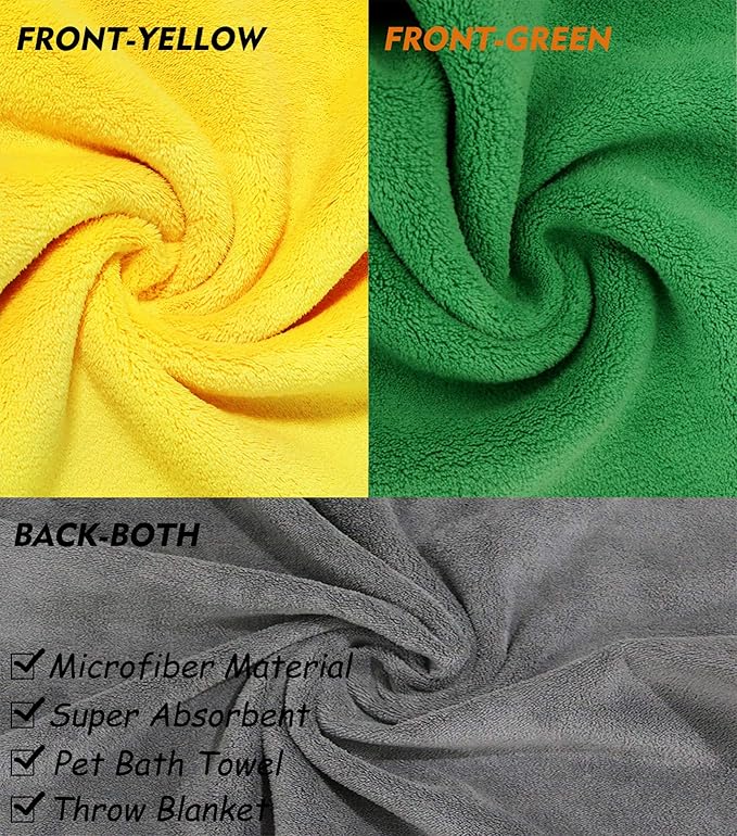 2 Pack Dog Towels Super Absorbent Pet Bath Towel Microfiber Dog Drying Towel for Small Dogs and Cats, Machine Washable, 11.8Inch x 23.6Inch, Yellow-Grey & Green-Grey