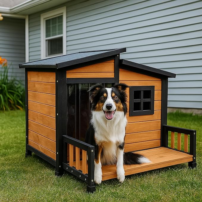 GARWOOD Large Outdoor Indoor Wooden Dog House for Small Large Dog Kennel Wood Sturdy Pet Puppy Warm Home with Durable Weatherproof Asphalt Roof Insulated Elevated Floor Outside Shelter Brown 39x37x30“