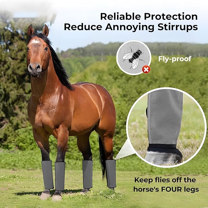 Mesh Horse Fly Boots Set of 4，Adjustable and Universal Loose Fitting & Non-Slip Horse Fly Leggings for Horses,Reduce Stressful Stomping (Grey)