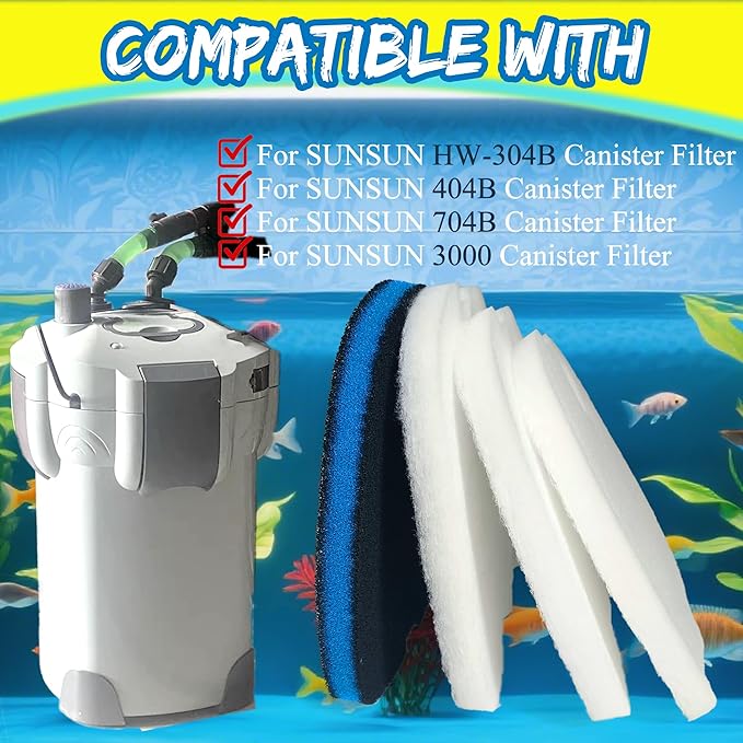 Replacement Canister Filter Pads Compatible with SUNSUN HW-304B/404B/704B/3000 CF500 Aquarium Filter, 6 White Floss and 2 Upgraded Coarse Pads, 8pcs