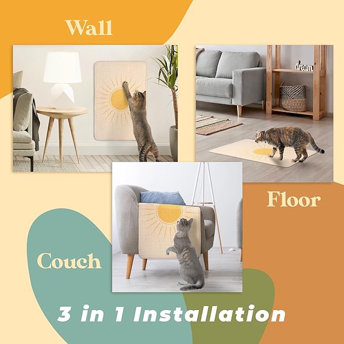 Sisal Scratcher, [+ Catnip Fish Toy], Cat Wall Scratcher, Couch Protector from Cat Scratching, Scratching Mat- 24 X 15.8 with 12 Adhesive Stripes. (The Sun)