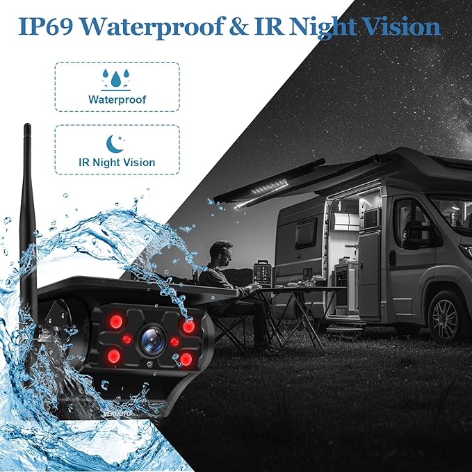 2 Magnetic Solar Wireless Backup Camera with 7'' IPS Touchscreen, 15,000mAh Rechargeable, Auto Sleep, No Wiring, 1080P Night Vision Wireless Backup Camera for Trucks, RV, Trailer, Camper VEKOOTO VK7-2