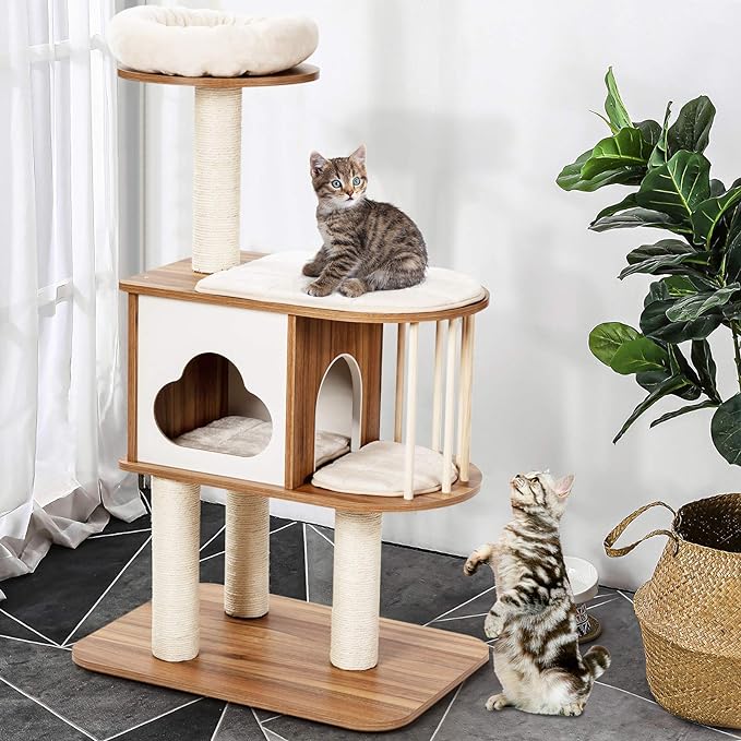 Tangkula Modern Wood Cat Tree, 46 Inches Cat Tower with Platform, Cat Activity Center with Scratching Posts and Washable Cushions, Wooden Cat Condo Furniture for Kittens and Cats (Natural)