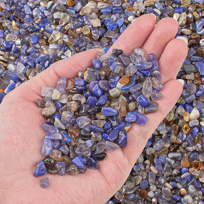 0.5 Lb/230g Blue Agate Crushed Stone Tumbled Chips Bulk, Natural Polished Aquarium Gravel Rocks Crystals Stones Decorative Fish Tank Pebbles Vase Filler - 5-7mm