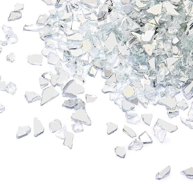 TWINKLING High Luster Fire Glass Gravel Stone Glitter,Broken Glass,Fire Gems Chips,Crushed Glass for Fire Pit Crafts Resin Art Aquarium Garden Decoration,3-6mm,1-Pound Jar (White-Backing Mirror)