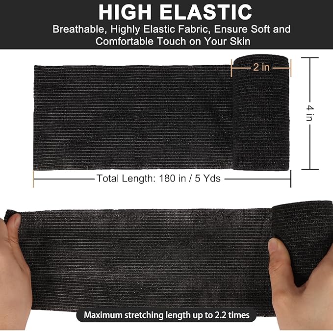 24 Pack Self Adhesive Bandage Wrap, 4” x 5 Yards Cohesive Medical Tape Elastic Grip Tape Black Sports Tape Athletic for Ankle, Wrist Sprains, Pet First Aid (Black, 4 Inch)