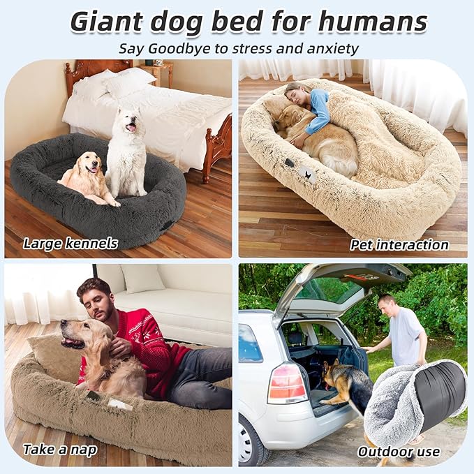 Human Dog Bed, 71''x45''x12'' Size Fits You and Pets, Washable Faux Fur Pet Bed for People Doze Off, Napping Orthopedic Dog Bed, Present Plump Pillow, Blanket, Strap - Pink