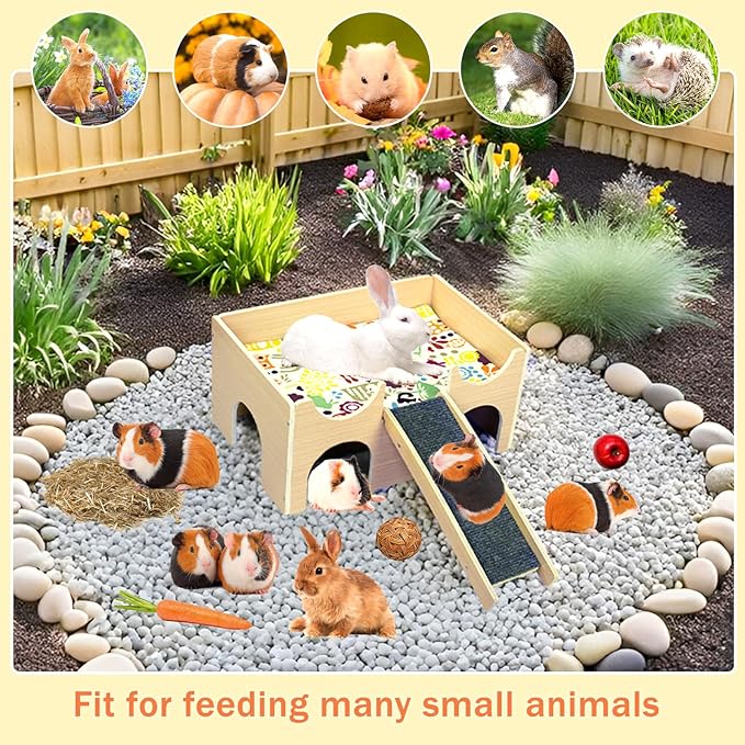 Large Guinea Pig Hideout, Sturdy Wooden Guinea Pig House, Small Animal Toys Accessories Bed Hut Habitats with Ramp and Mat, Easy to Install for Hamsters Bunny Rabbit Playing Hiding