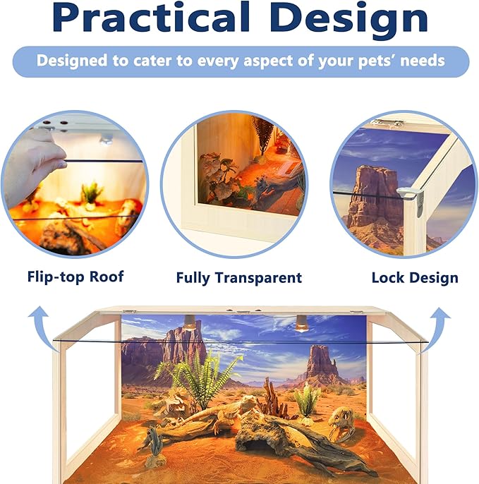 Bearded Dragon Tank, Reptile Enclosure, Snake Tank, Reptile Terrarium, Built-in Light Fixtures with Switch, (30 Gallon, 32" Long, Clear Acrylic Roof)