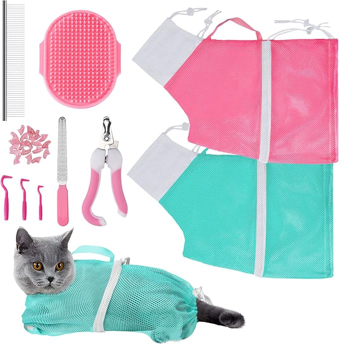 JULMELON Cat Washing Bag 10 PCS Set, Adjustable Cat Shower Net Bag and Pet Grooming Brush with Nail Clipper Nail File Hair Combs Tick Tool Nail Caps for Bathing Nail Trimming Examination(Pink+Green)
