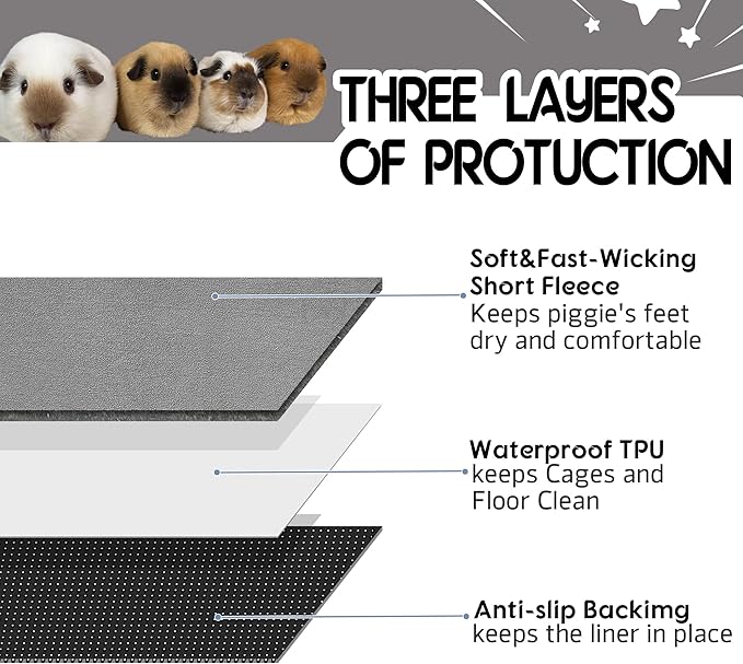 Guinea Pig Cage Liner, 4 Pack - Washable, Reusable, Leakproof Fleece Bedding Pads for Small Animals with Anti-Slip Bottom - for C&C 12''X12'' Area, Gray