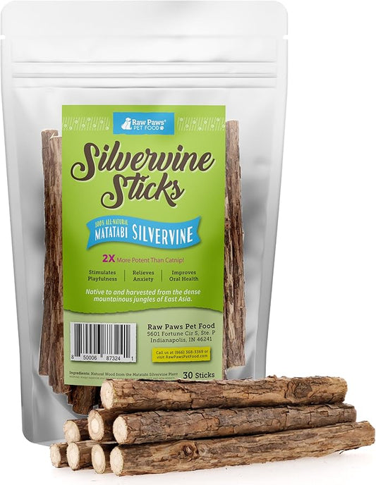 Raw Paws Silvervine Sticks for Cats (30 Pack) - Silvervine Cat Toy for Indoor Cats - Catnip Sticks - Silver Vine Cat Chew Stick