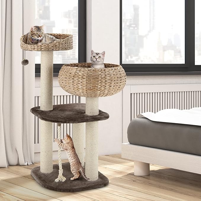Tangkula Modern Cat Tree for Indoor Cats, Small/Tall Cat Tower with Natural Sisal Scratching Post, Hand-Made Wicker Cat Condo & Top Perch, Funny Hanging Toy Ball, Cute Cat Tree Tower for Large Cats