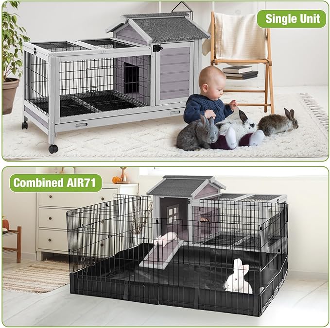 GUTINNEEN Rabbit Hutch Bunny Cage with Removable Wire Floor, Indoor/Outdoor Guinea Pig Cages with Leakproof Pull-Out Tray, 4 Lockable Wheels & Run Space