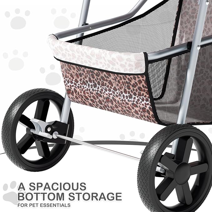 MoNiBloom 3 Wheels Pet Dog Cat Stroller for Small Medium Dogs Cats, Lightweight Foldable Jogger Stroller w/Storage Basket & Cup Holder, Leopard Print