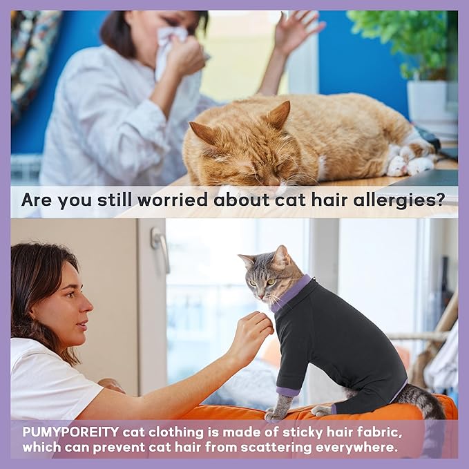 PUMYPOREITY Sticky Hair Cat Clothes, Prevent Hair Loss Cat Pajamas, Soft Cat Sweaters for Cats Only, Cat Hair Sticky Onesie, Cat Recovery Suit After Surgery, Black, 2XL