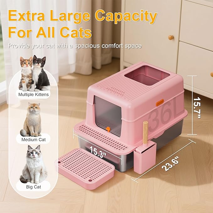 Stainless Steel Litter Box with Lid, 20L Metal Enclosed Litter Box for Big Cat, Flip-Top Design with Anti-Leakage High Sides, Large Cat Lovers Gifts (#2 Pink)