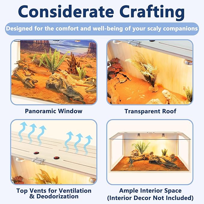 Bearded Dragon Tank, Reptile Enclosure, Snake Tank, Reptile Terrarium, Built-in Light Fixtures with Switch, (30 Gallon, 32" Long, Clear Acrylic Roof)