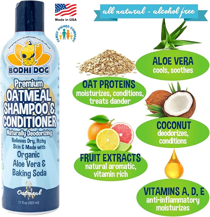 Bodhi Dog Oatmeal Shampoo & Conditioner - Hypoallergenic Formula - Naturally Deodorize Dogs, Cats & Pets - Made w/Organic Ingredients - Moisturizes Dry & Itchy Skin - Made in USA (Oatmeal, 17 Fl Oz)