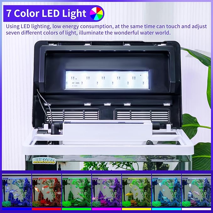 8 Gallon Fish Tank Starter Kit: Glass Aquarium w/Eco-Cycle Filter, 7-Color LED & Air Pump for Betta. Features 360° Crystal View, Temp/Time Display & Quiet Operation All-in-One Aquarium Kit