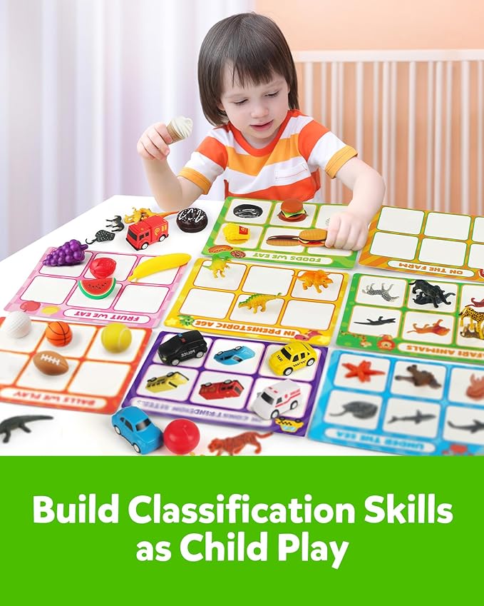 Coogam Sorting Toy for Toddlers, Animals Dinosaurs Fruits Vehicles Foods Fishes Balls Farm Playset, Fine Motor Montessori Game Preschool Educational Learning Gift for Year Old Kids