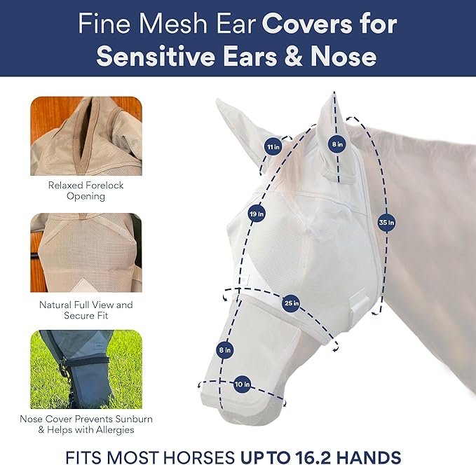 Horse Fly Mask with Nose Cover and Ears | 95% UV Eye Protection | Built-in Visor | Breathable, Lightweight Mask | Adjustable Fit for Comfort Horse Medium/Large Size