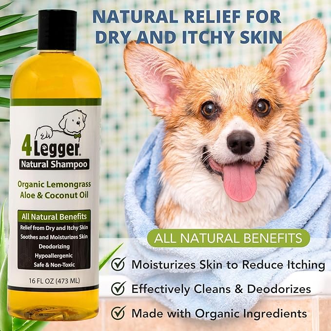 4-Legger Certified Organic Dog Shampoo - All Natural and Hypoallergenic with Aloe and Lemongrass, Soothing for Normal, Dry, Itchy or Allergy Sensitive Skin - Biodegradable - Made in USA - 16 oz