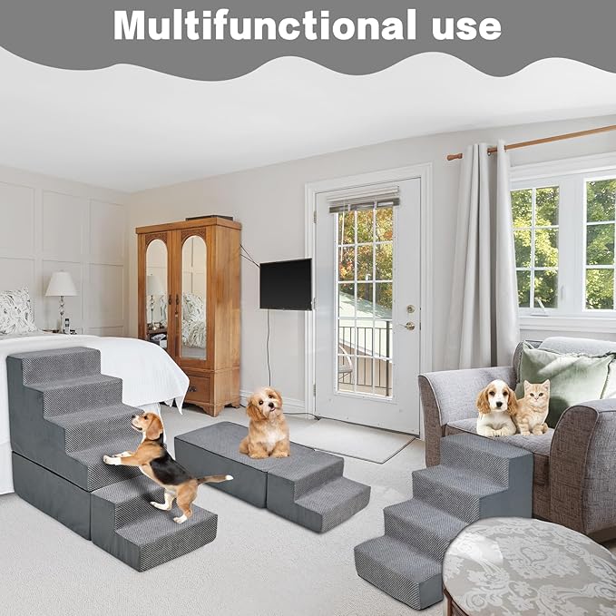 Dog Steps for High Beds 30-32" H - 6-Step Dog Stairs for Small Dogs, 33D Foam Pet Steps for High Bed with Non-Slip Bottom and Washable Cover, Dogs Ramp for Bed Indoor, Grey