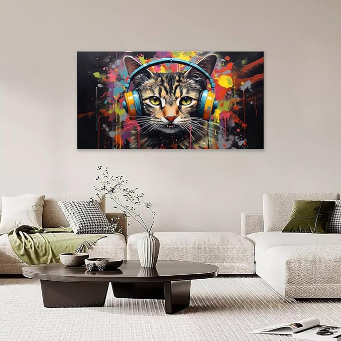 Large Banksy Cat Wall Art Colorful Graffiti Canvas Living Room Pictures Framed Prints Street Pop Modern Wall Decor Painting Artwork for Bedroom Dining Office Home 60"x30"