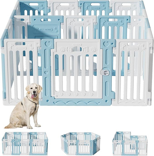 2 Room Dog Playpen with Door,DIY Shape Combination Puppy Pen,16-Panel+2 Link Piece+Large Door+Small Door,25.5" H Dog Fence,Non-Slip&Secure Pet Gate,Easy to Assemble,Blue+White
