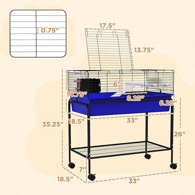 PawHut Two-Story Small Animal Cage Removable from Stand, Guinea Pig Cage with Shelf & Wheels, Pet Habitat for Hedgehog, Chinchilla, Ferret, 33" x 18.5" x 35", Blue