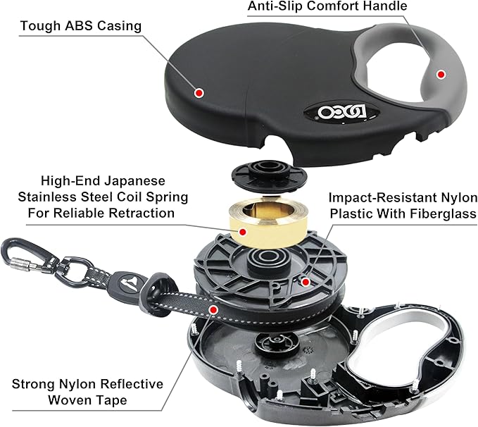 DOCO Retractable Dog Leash for Large Dogs (Length - 13ft, Weight - Upto 22lb) Reflective Tape Lead with Stop and Lock Control, Tangle Free 360° Swivel Snap & Anti-Slip Grip (Red, Small)