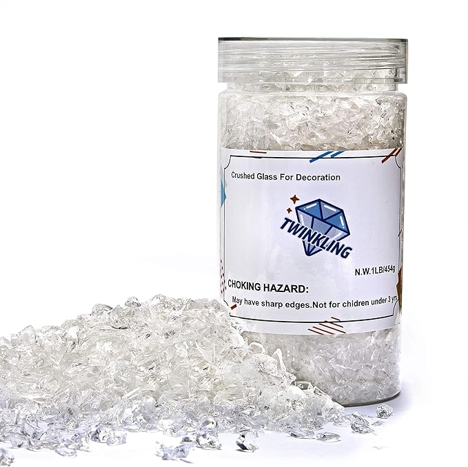 TWINKLING High Luster Fire Glass Gravel Stone Glitter,Broken Glass,Fire Gems Chips,Crushed Glass for Fire Pit Crafts Resin Art Aquarium Garden Decoration,3-6mm,1-Pound Jar (Crystal/Transparent)