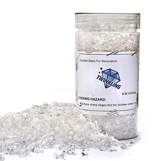 TWINKLING High Luster Fire Glass Gravel Stone Glitter,Broken Glass,Fire Gems Chips,Crushed Glass for Fire Pit Crafts Resin Art Aquarium Garden Decoration,3-6mm,1-Pound Jar (Crystal/Transparent)