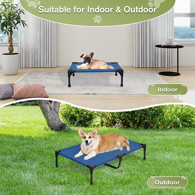 Medium Cooling Elevated Dog Bed, Outdoor Raised Pet Cots Beds for Medium Dogs with Breathable Mesh, Portable Pet Hammock, Lifted Travel Dog Bed with Non-Slip Feet, Easy to Clean, Blue, M