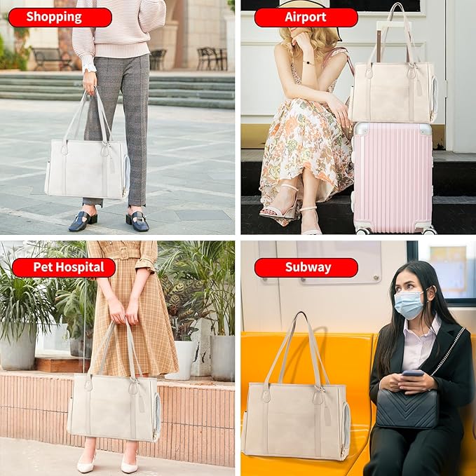 Stylish Dog Purse Carrier, Leather Pet Carrier Bag for Small Dogs Cats Puppy, Airline Approved Soft-Sided Carrier Beige