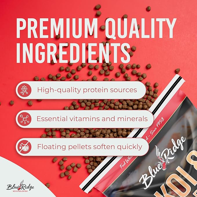 Blue Ridge Koi Fish Food 25lb - Koi Food Mini Growth Formula, Goldfish Food, Premium Fish Food for Ponds, Ponds Fish Food, Floating Pond Pellets