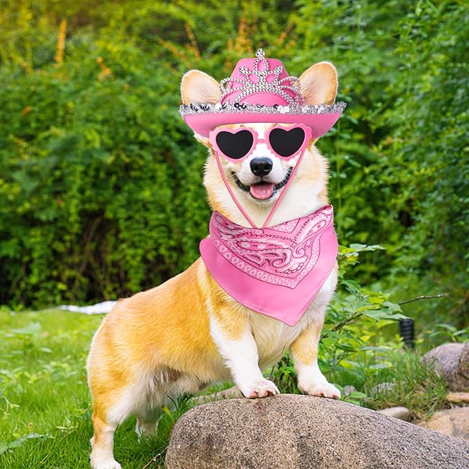 Yewong Pet Pink Cowboy Hat Costume Accessory Set Dog Cat Size Pink Cowgirl Princess Hat with Crown Tiara Bandana/Scarf Sunglasses for Cat Puppy Western Costume Daily Wearing Photo Props