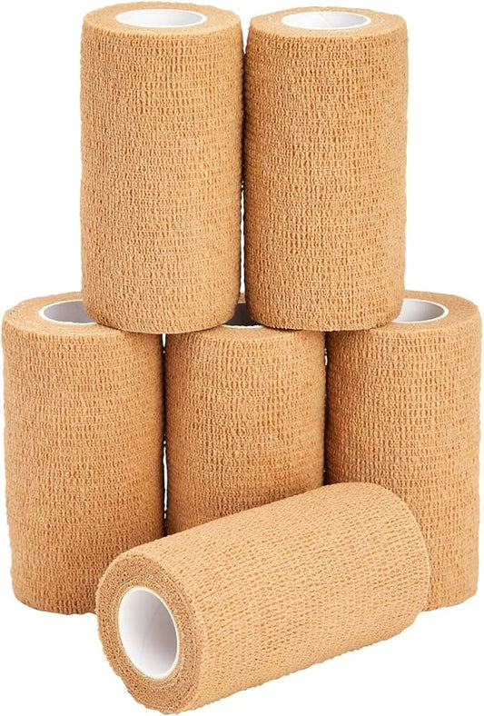 Juvale Elastic Bandage Wrap Self-Adherent Cohesive Tape 6 Rolls - Elastic Cohesive Tape with Stretchable Support - Breathable Vet Wrap for Wrist, Swelling, Sports, Tattoo (4 in x 5 Yds)