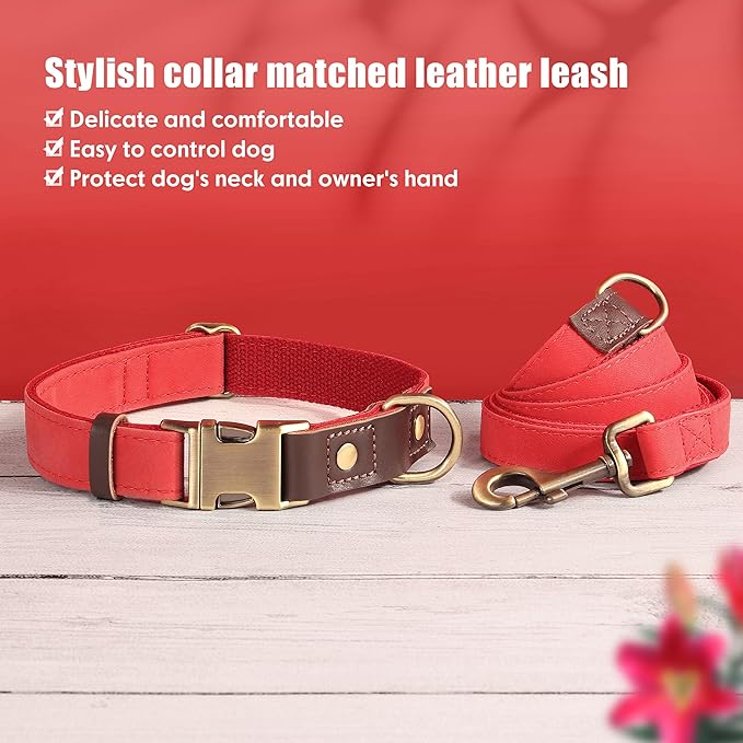 Didog Soft PU Leather Dog Collars for Small Dogs,Classic Adjustable Dog Collars with Quick Release Metal Buckle,Easy Clean and Comfortable with Nylon Lining,Red,S Neck 10-15"