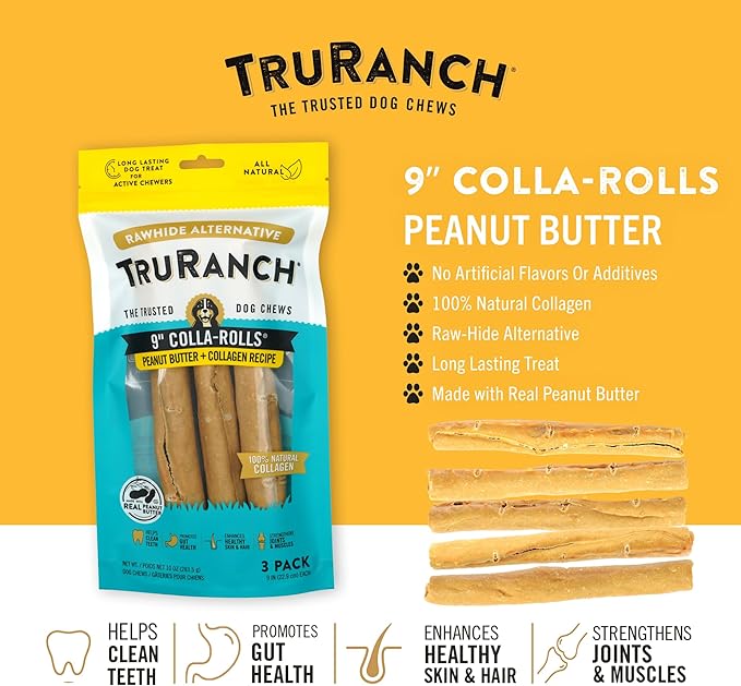 Collagen Rolls - 9" Collagen Rolls for Dogs - Long Lasting Healthy Joint Support - Rawhide Alternative - Skin & Coat Health - Made with Real Peanut Butter, Value Pack, 15 Bags, 45 Count