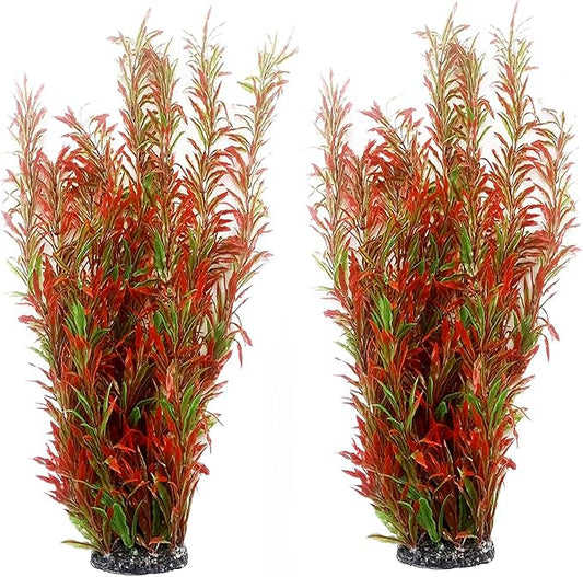 kathson Artificial Aquarium Plant Decorations,23.62 Inches Large Plastic Fish Tank Plants Tall Realistic Aquarium Accessories for Freshwater and Saltwater(Wine and Green,2 Pcs)