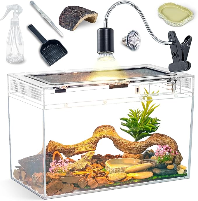 16×10×8'' Reptile Tank Kit with Heat Lamp, Spray Bottle, Shovel, Tweezers, Food Bowl, Hideout -Perfect for Geckos, Bearded Dragons, Snakes, Lizards, Turtles 360° Viewing, PC Glass