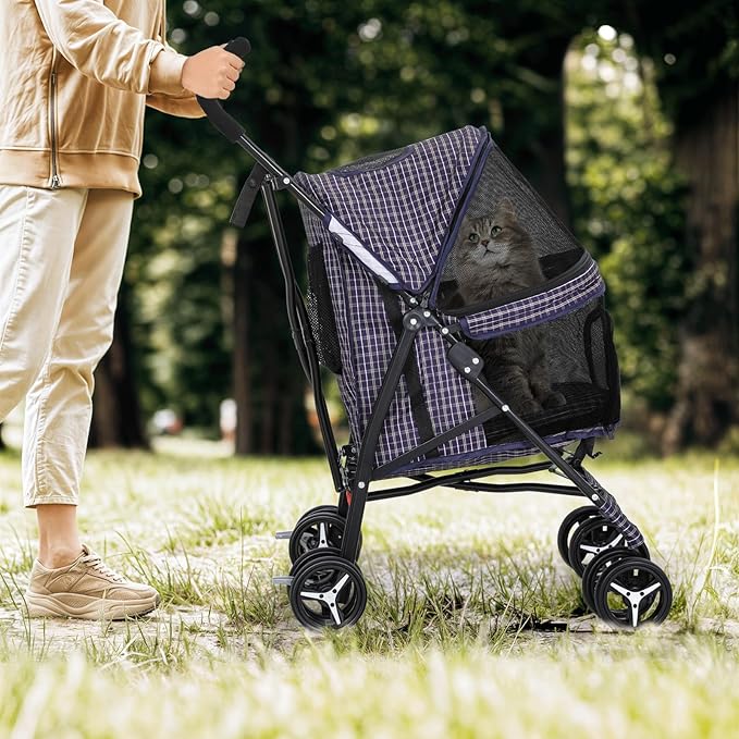 Magshion Compact Pet Stroller for Small-Medium Dogs/Cats up to 22lbs, 4-Wheel Lightweight Umbrella Shaped Portable Puppy Travel Jogger with Breathable Mesh & Rear Storage, Plaid