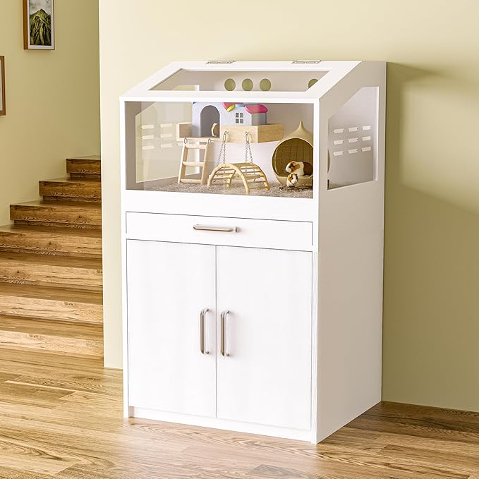 Hamster Cage with Storage Cabinet, Guinea Pig Cage for Small Animals, Large Hamster Cage and Habitat with Easy View Acrylic Panels for Hamster, Rabbit, Guinea Pig, Hedgehog (24"x19"x40")