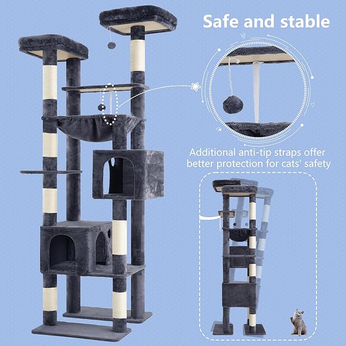 Hey-brother Tall Cat Tree Tower, Heavy Duty Scratching Posts with Large Platforms, Cozy Condos, Big Hammock, Toy Balls, Multi-Level Furniture for Indoor Adult Cats, 80.7 Inches, Smoky Gray MPJ039G