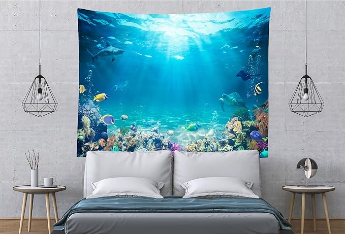 Loccor Underwater World Tapestry Large Blue Ocean Wall Hanging 105X70 Inches Under the Sea Coral Reef Wall Tapestry Tropical Fish Tank Undersea Tapestries Marine for Bedroom Living Room Dorm Decor
