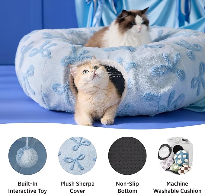 Lesure Cat Tunnel Bed for Indoor Cats - Cute Cat Donut Tunnel Toys with Washable Circle Cushion, Round Pet Peekaboo Cave Toy for Kitten/Puppy/Rabbit, Standard Ice Blue